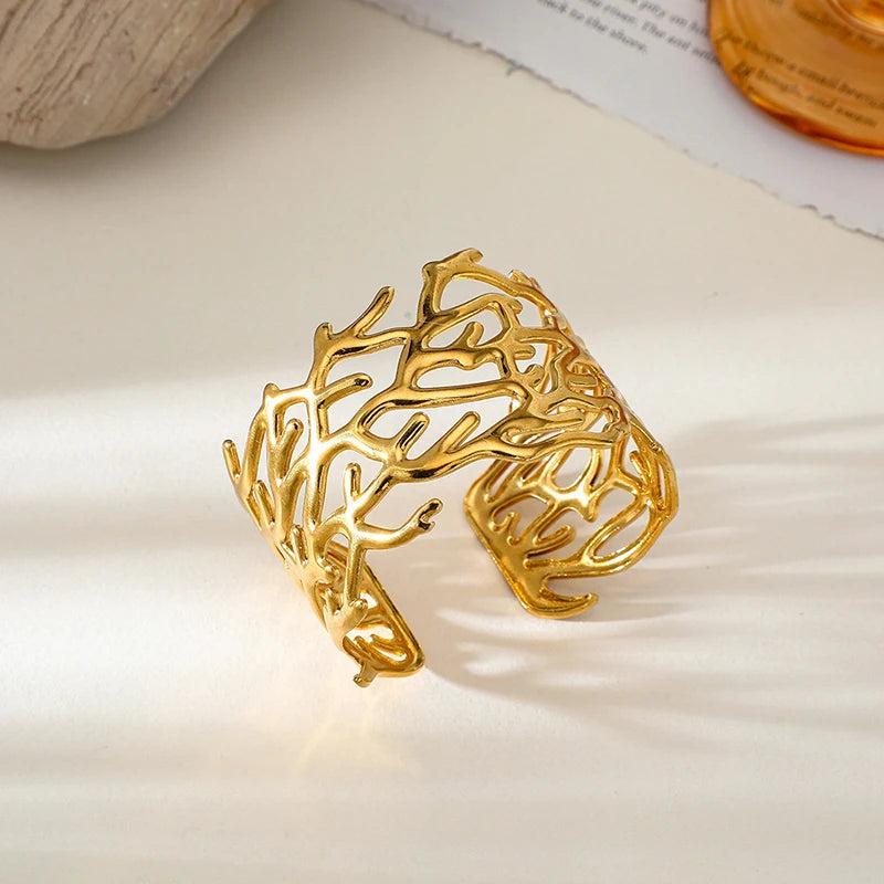 Trendy Stainless Steel Tree Branch Geometric Wide Open Bracelet Bangle Women Gold Silver Color Big Personality Punk Cuff Jewelry