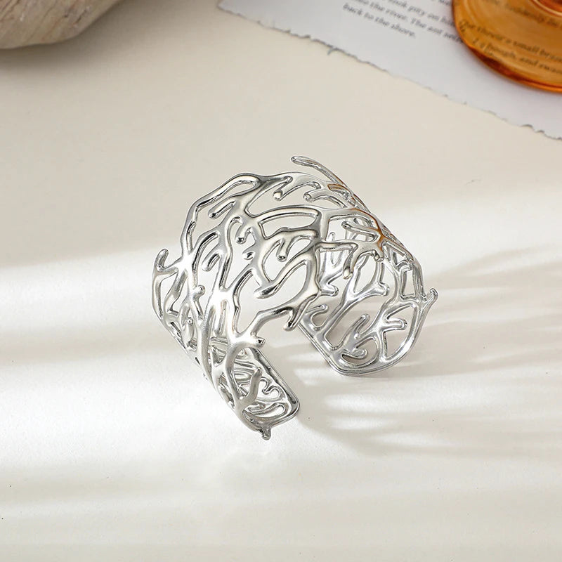 Trendy Stainless Steel Tree Branch Geometric Wide Open Bracelet Bangle Women Gold Silver Color Big Personality Punk Cuff Jewelry