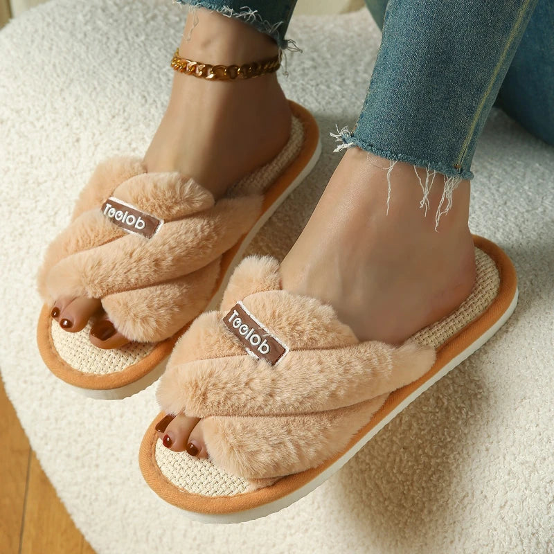 Women Soft Warm Slippers Adult Indoor Floor Breathable Plush Slides Four Season Females Cute Non-Slip Home Sandals Couples Shoes