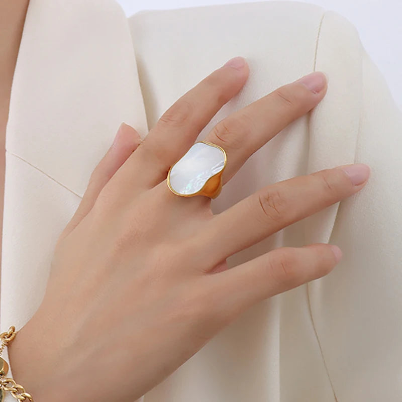 Stainless Steel Natural Shell Rings For Women Irregular Geometric Luxury Woman Ring Female Finger Ring Anniversary Jewelry Gifts