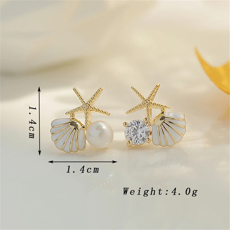 White Pink Shell Starfish Stud Earrings for Women Cute Asymmetric Imitation Pearl Rhinestones Beads Charms Small Ear Jewelry