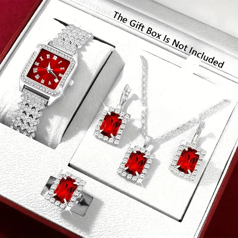 5Pcs/Fashion Roman Full Diamond Square Ladies Watch Women's Quartz Watch + Necklace, Earrings, Rings Jewelry Set