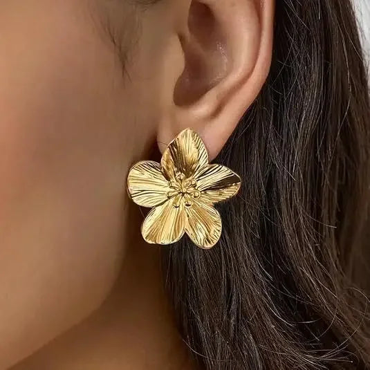 Stainless Steel Golden Double-Layer Hollow Flower Hoop Earring for Women Vintage Flower Earrings for Daily Wear Jewelry Gifts