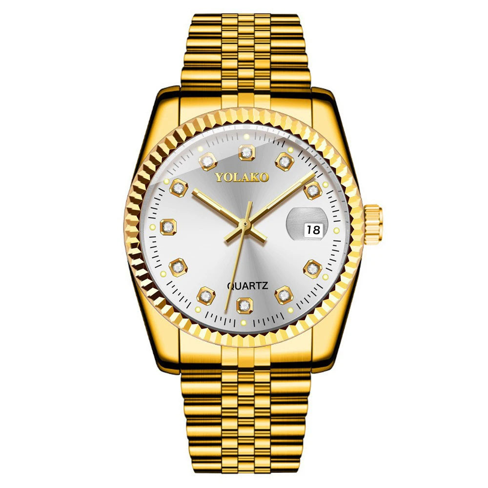 Watches for Women Simple Casual Student Fashion Quartz Diamond-Encrusted Steel Band Calendar Gold Set Men's Watch Couple