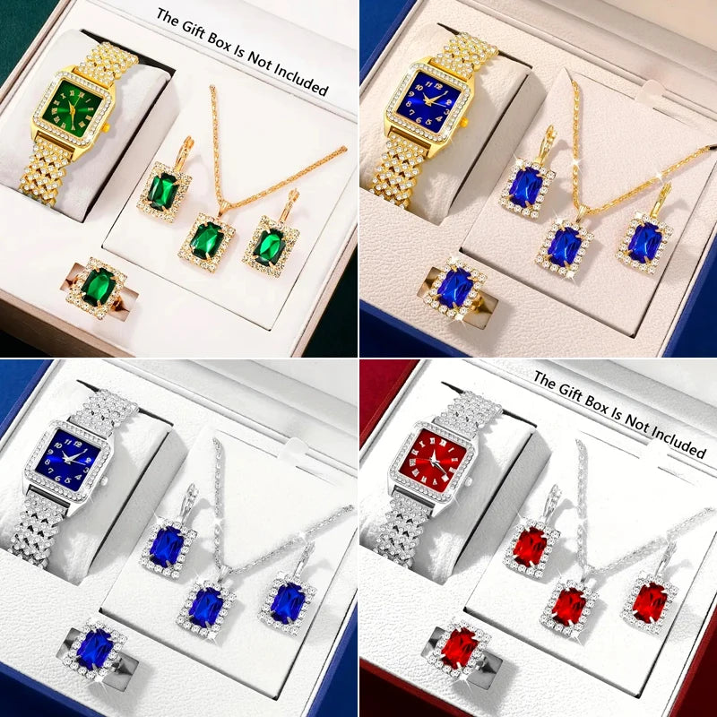 5Pcs/Fashion Roman Full Diamond Square Ladies Watch Women's Quartz Watch + Necklace, Earrings, Rings Jewelry Set