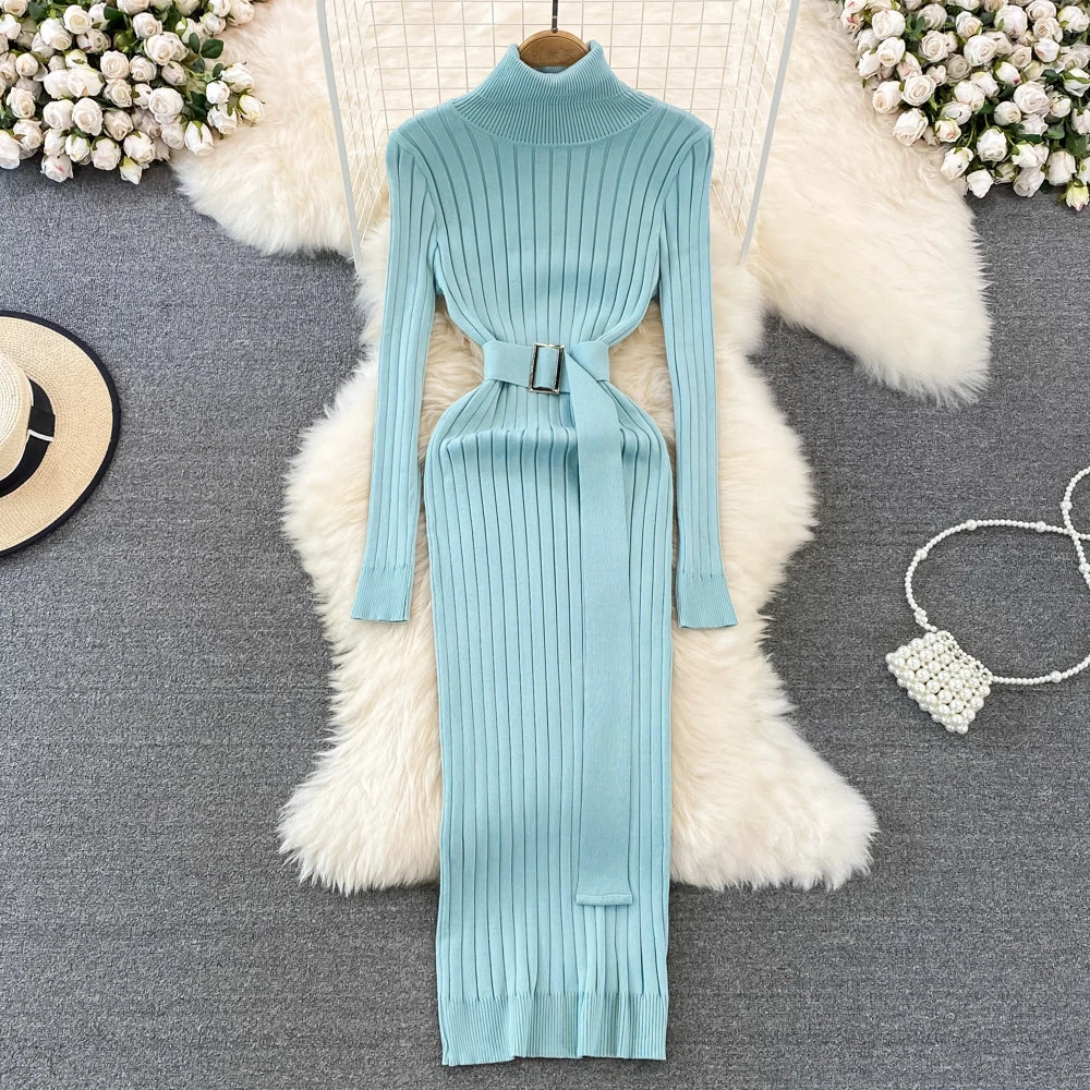 YuooMuoo Ins Hot Turtleneck Sexy Wrap Hips Knitted Dresses Women 2025 Autumn Winter Long Sleeve Bodycon Sweater Dress with Belt