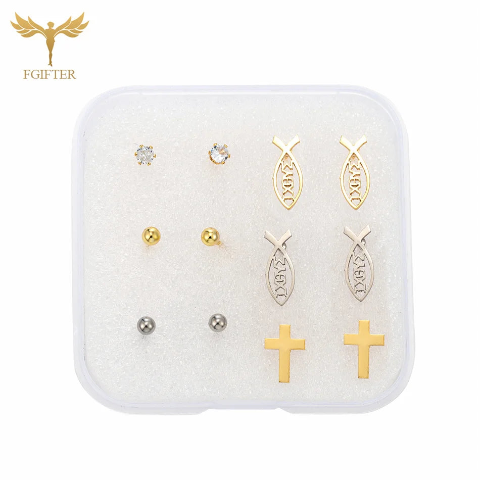 Christian Jesus Cross Earrings Zircon Balls Stainless Steel Stud Earings Set Women Men Jewelry Small Christmas Gifts With Box