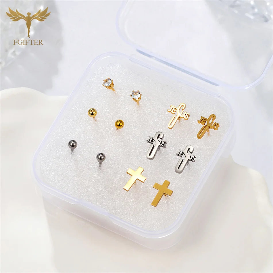Christian Jesus Cross Earrings Zircon Balls Stainless Steel Stud Earings Set Women Men Jewelry Small Christmas Gifts With Box