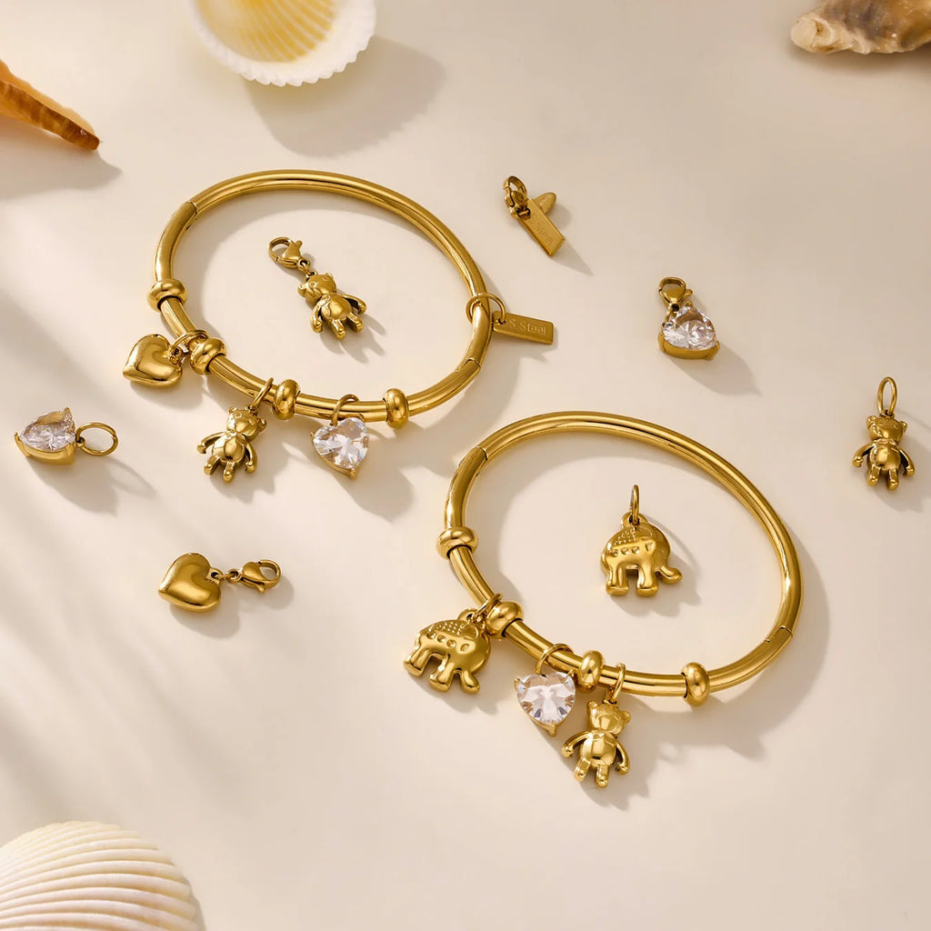 Nivora Stainless Steel Little Bear Heart Zircon Elephant Drop Pendant Bangles For Women Wrist Wedding Fashion Bracelets Jewelry