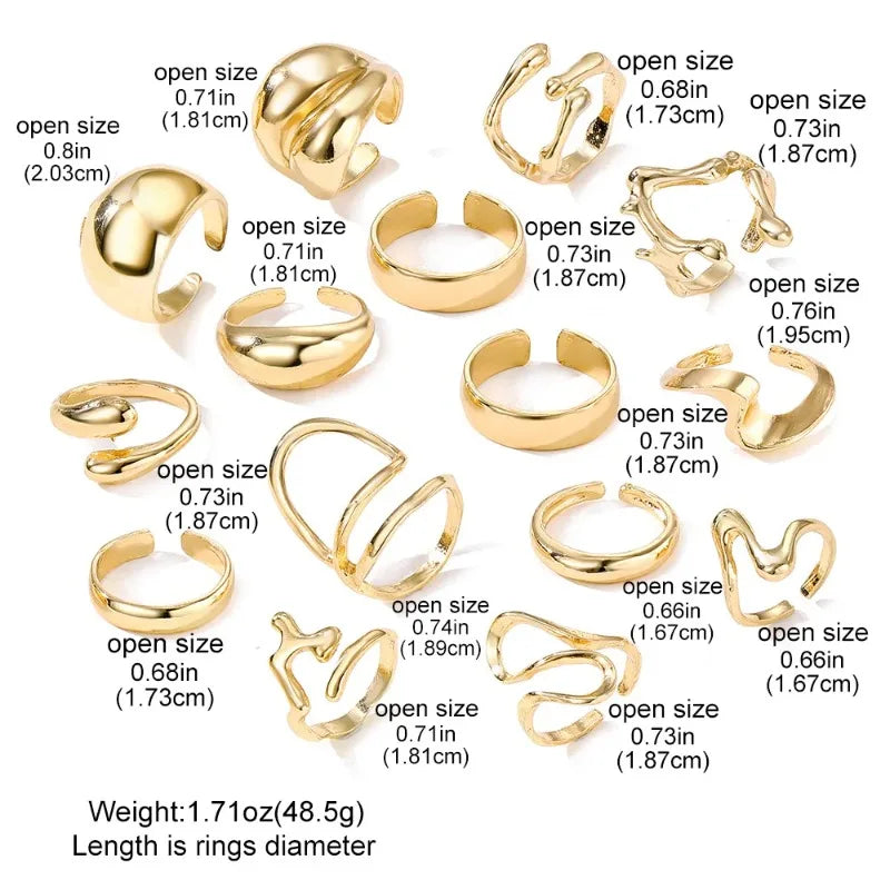 15Pcs/Set Stainless Steel Irregular Lines Water Drop Rings for Women Men Exaggerated Punk Retro Boho Fashion Jewelry Gifts
