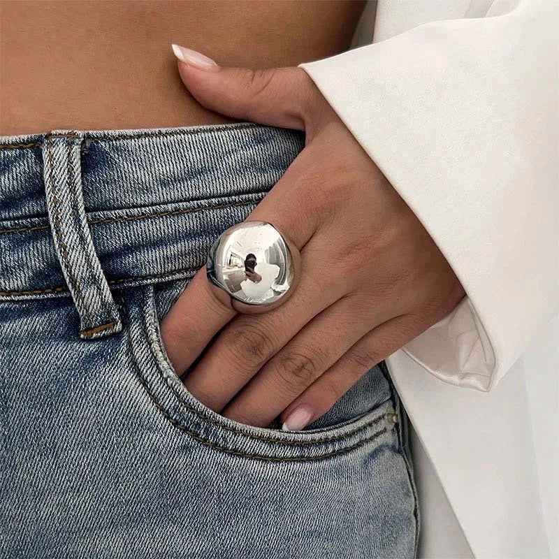 Exaggerated Metal Glossy Round Ball Shape Ring for Women Men Fashion Gold Silver Color Geometric Adjustable Rings Jewelry