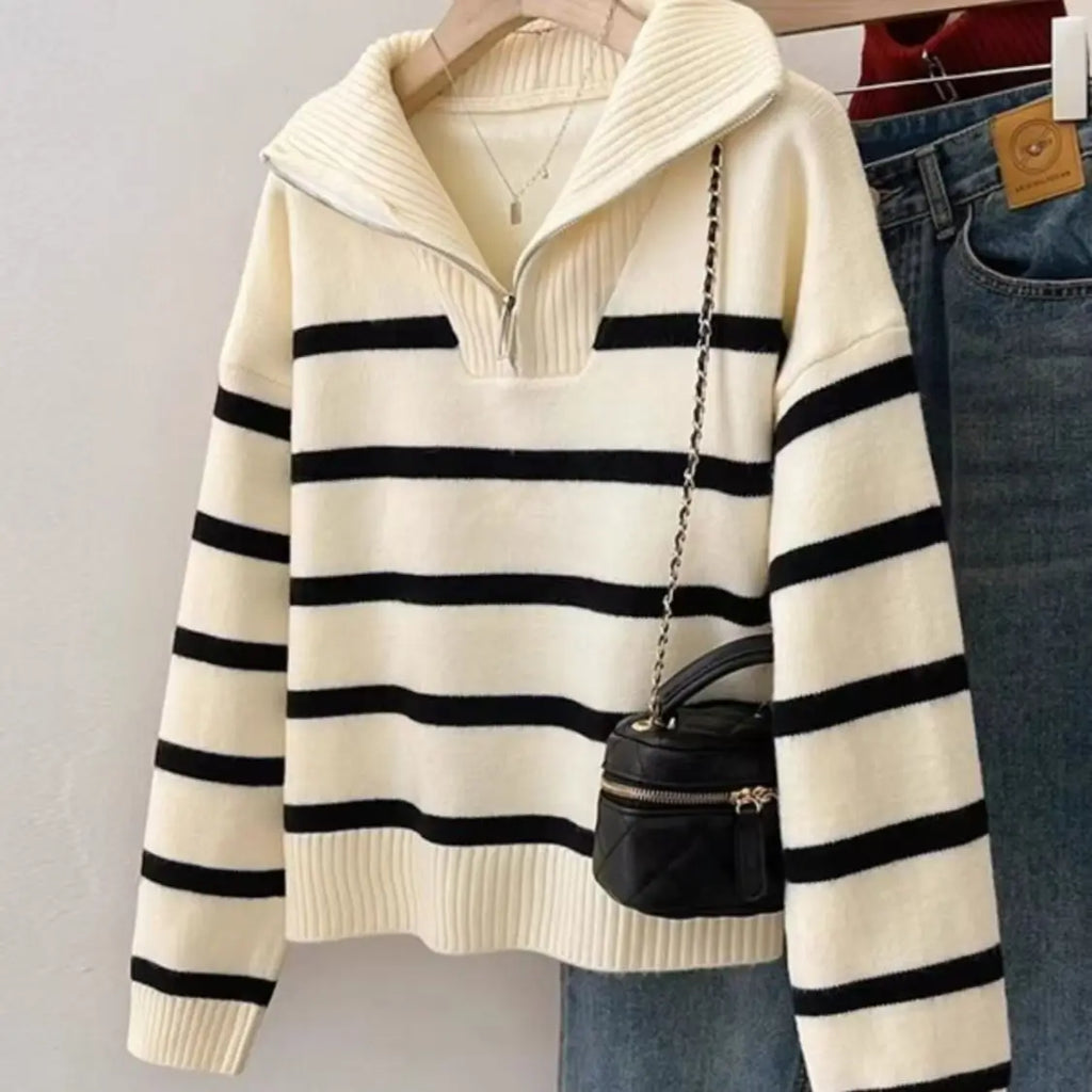 2025 New Hong Kong Style Retro Knitted Ribbed Jacket for Women, Autumn and Winter New Loose Zipper Sweater Half-Zip