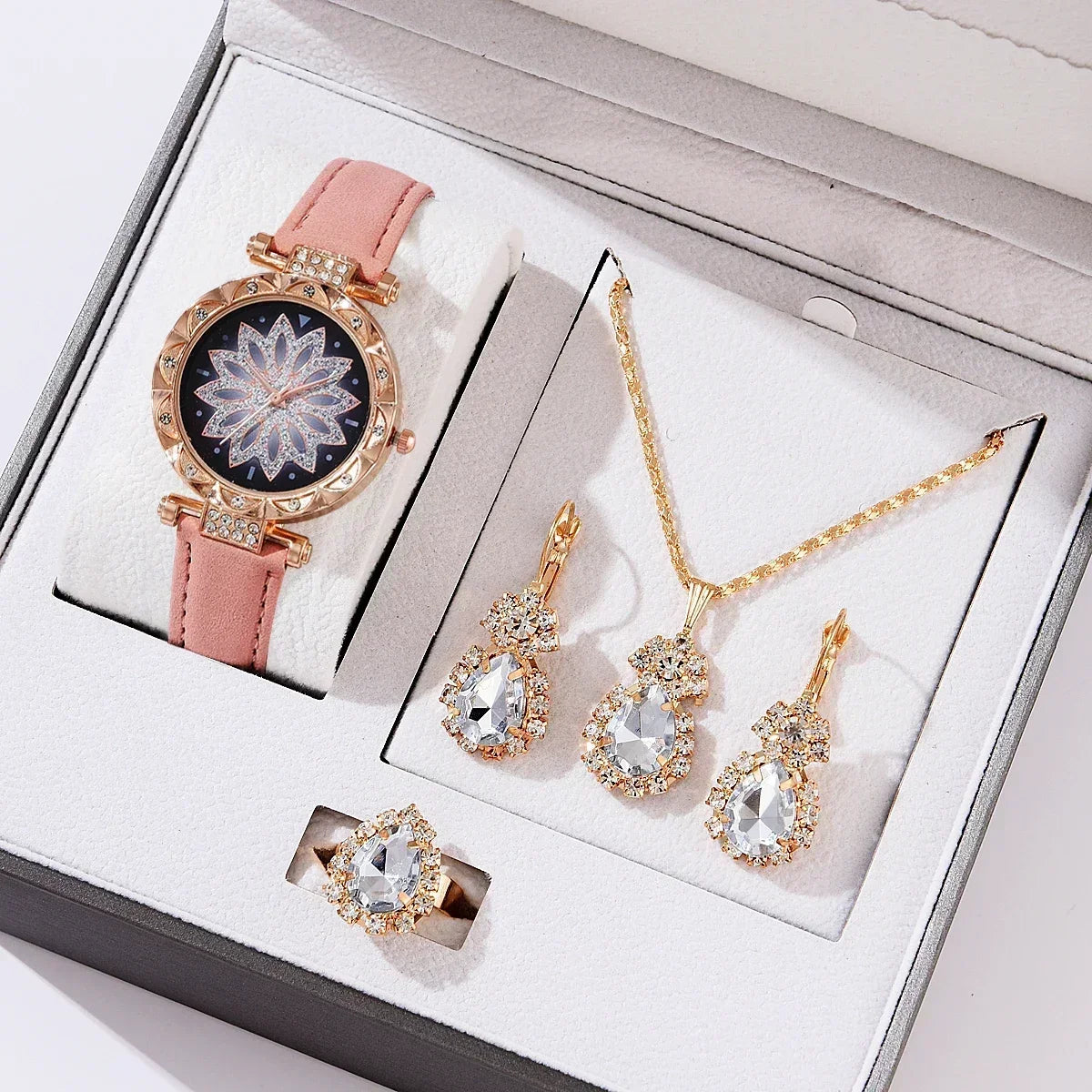 5/6PCS Set Rose Gold Luxury Watch Women Ring Necklace Earring Rhinestone Fashion Wristwatch Casual Ladies Bracelet( No Box)