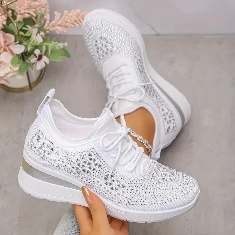 Women's Shiny Rhinestone Wedge Sneakers Breathable Knit Non Slip Walking Shoes Woman Plus Size Fashion Thick Sole White Sneakers