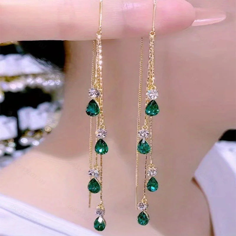 Luxury Temperament Green Zircon Drop Earrings For Women Korean Fashion Long Tassel Rhinestone Earring Wedding Party Jewelry