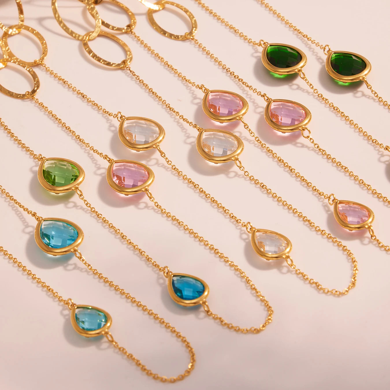 Colorful Glass Water Drop Pendant Necklace for Women's Waterproof Stainless Steel Gold-plated Chain 87cm Long Necklace Jewelry