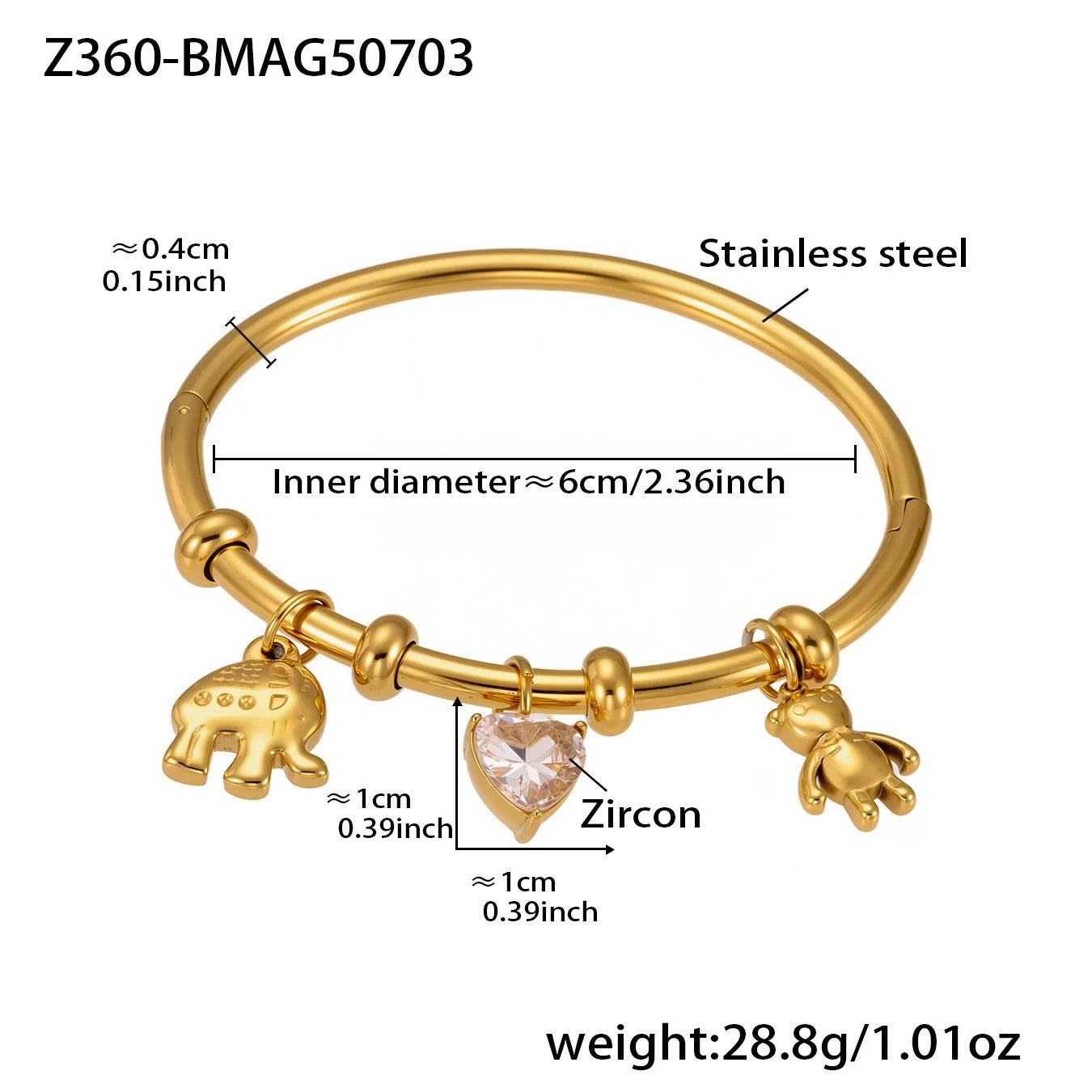 Nivora Stainless Steel Little Bear Heart Zircon Elephant Drop Pendant Bangles For Women Wrist Wedding Fashion Bracelets Jewelry