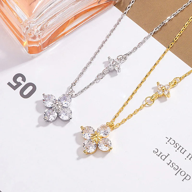 925 Sterling Silver Dainty Lucky CZ Leaf Necklace for Women 14k Gold Plated Flowers Elegant Pendant Necklace Wedding Jewelry