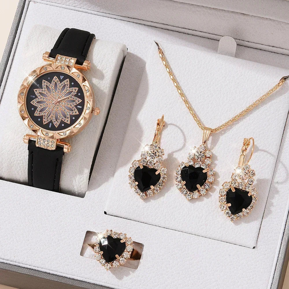 5/6PCS Set Rose Gold Luxury Watch Women Ring Necklace Earring Rhinestone Fashion Wristwatch Casual Ladies Bracelet( No Box)