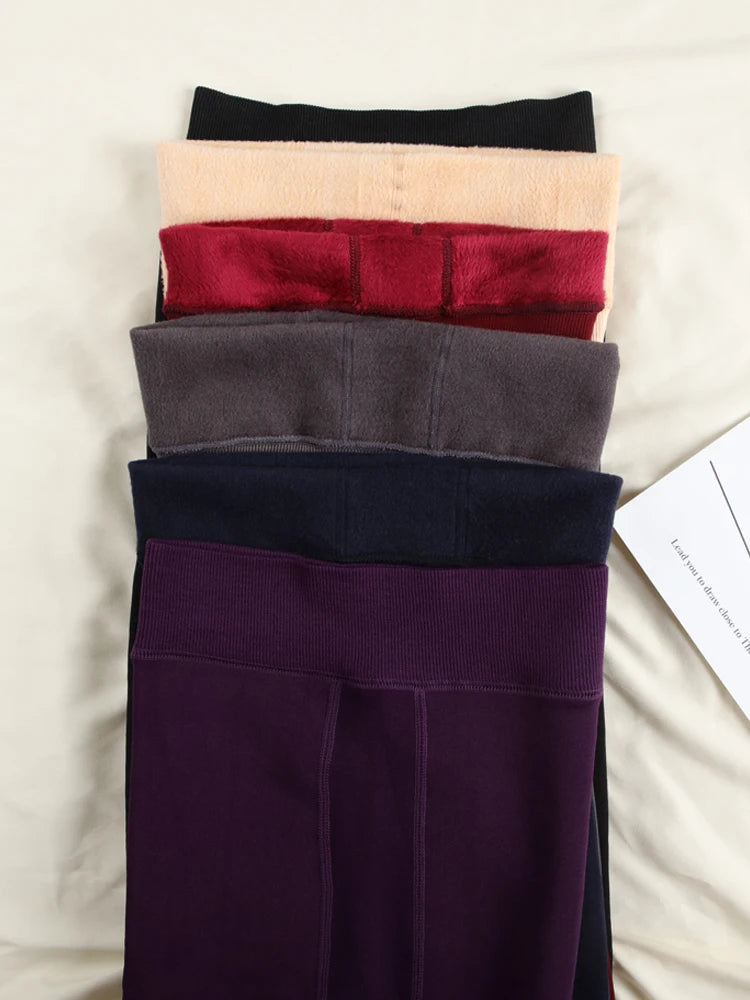 Women Winter Warm Leggings Solid Color Velvet Tight High Waist Slim Stretchy Leggings