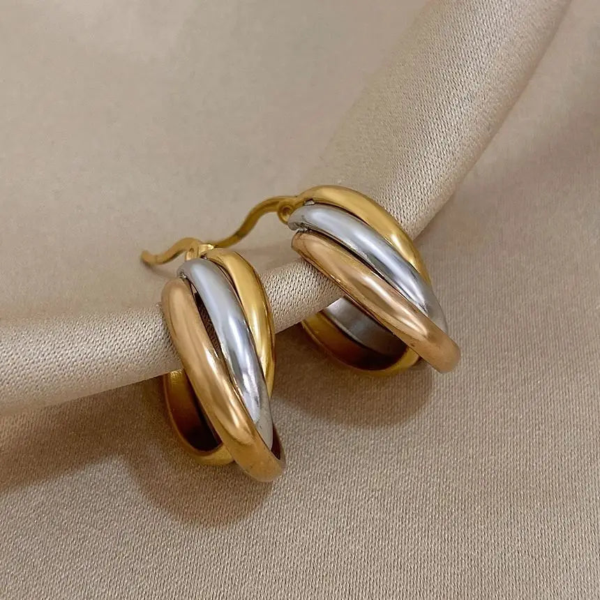 Trendy Stainless Steel U-shaped Twisted Hoop Earrings for Women Classic Triple Color Metal Waterproof Earrings Party Jewelry