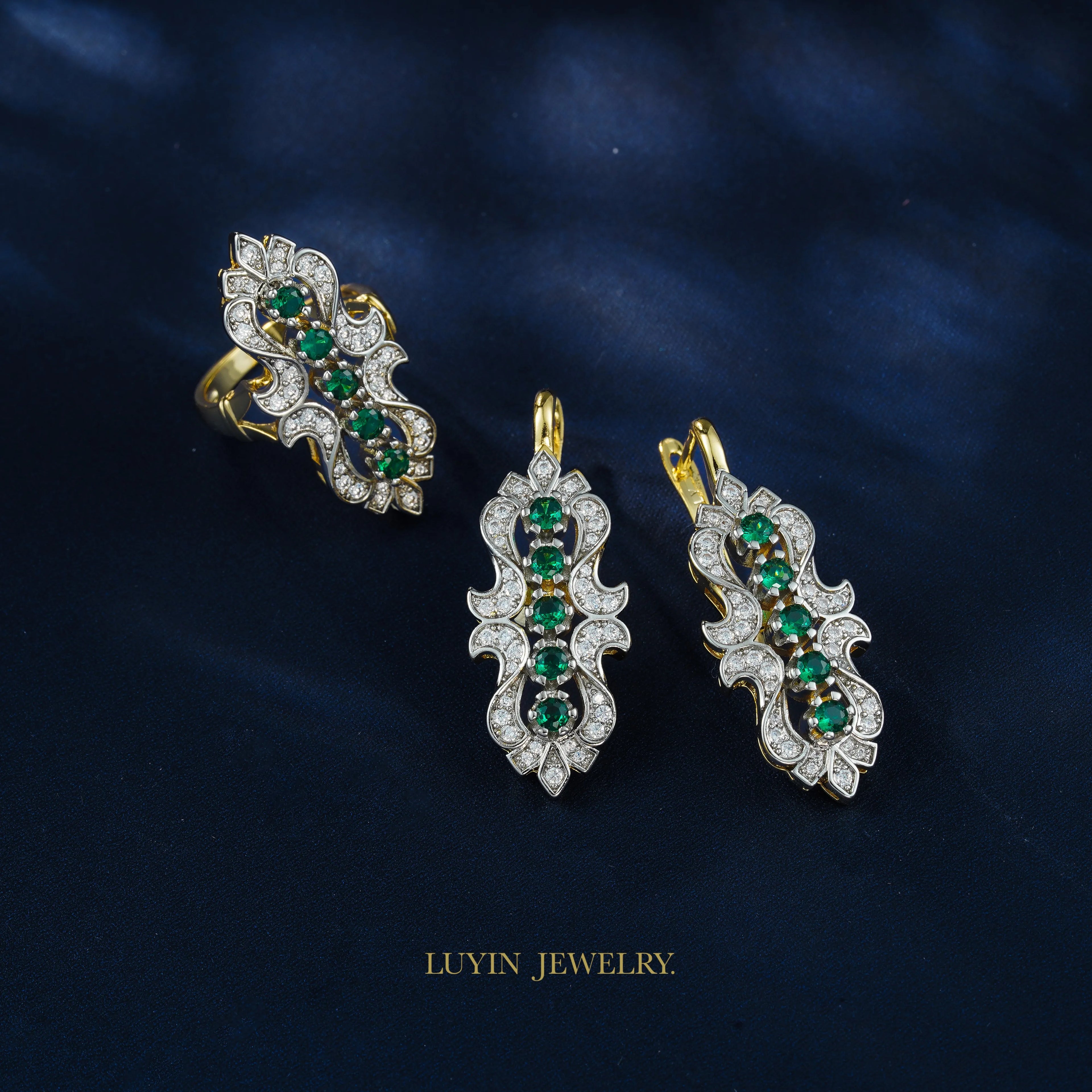 LUYIN Bohimian Style Green Brilliant Design Earrings Ring Set For Woman Copper Plated 14K 2 Color Party Wedding Delicate Gift