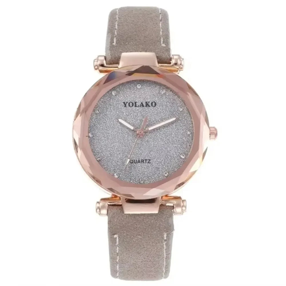 Women's Quartz Watch with Leather Strap Frosted Dial Diamond Starry Design for Elegant Gifting and Daily Use
