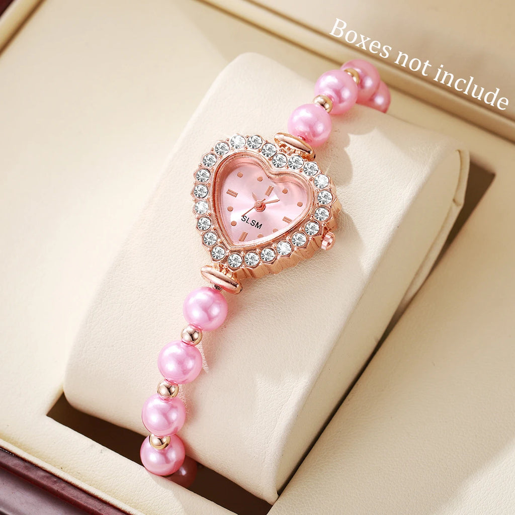 Fashion Heart Dial Women Watch Imitation Pearls Bracelet Quartz Wristwatches Reloj Mujer（Without Box）