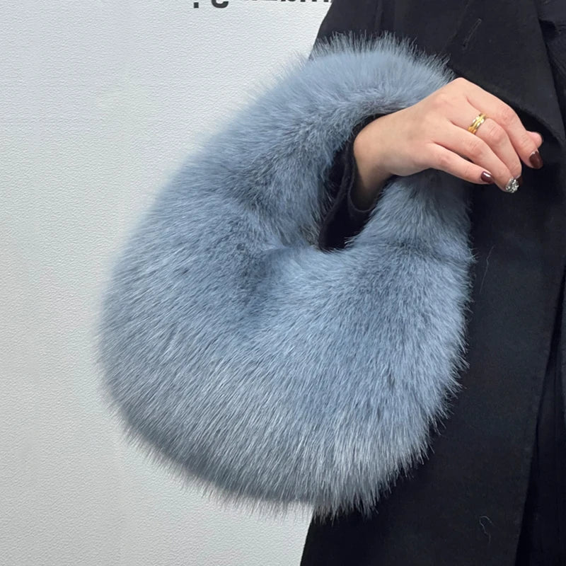 Fashion Soft Plush Half Moon Bags for Women Designer Fluffy Faux Fur Lady Handbags Luxury Small Tote Female Winter Purses
