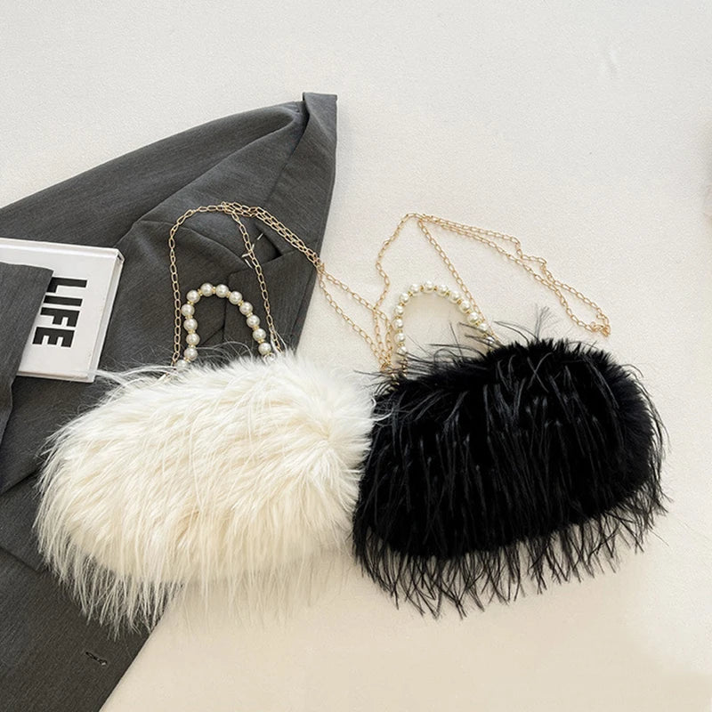 Luxury Faux Fur Evening Bag Fluffy Solid Color Shoulder Bag Large Capacity Pearl Handle Clutch Crossbody Bag For Women
