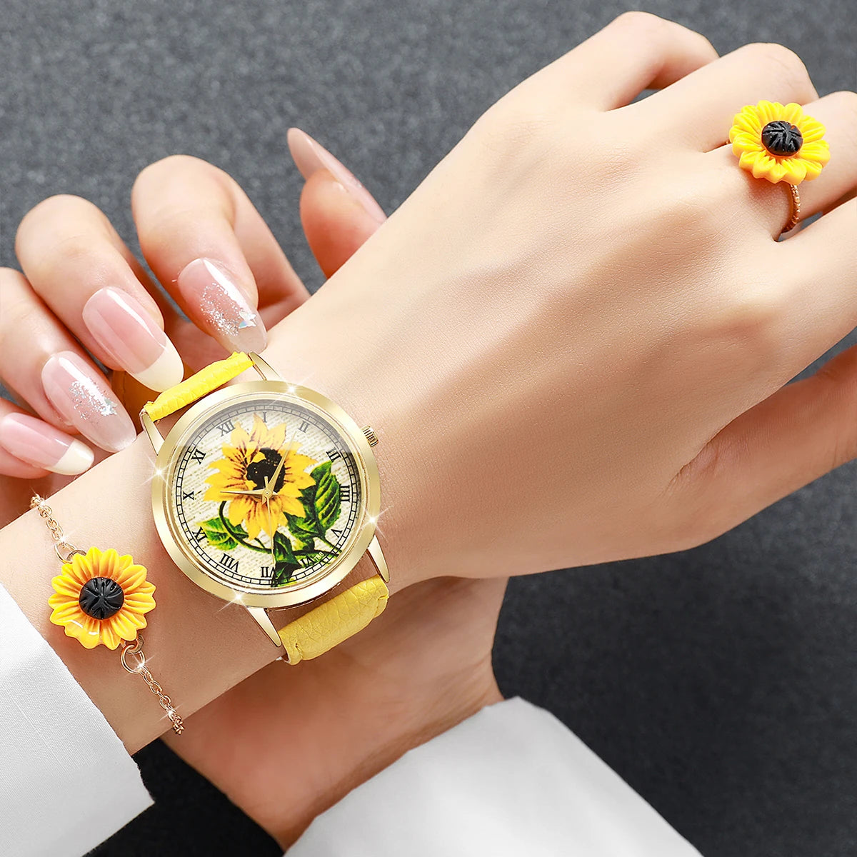2/6PCS Fashion Flower Dial Women Watches Leather Strap Quartz Watch Daisy Jewelry Set Reloj Mujer (Without Box)