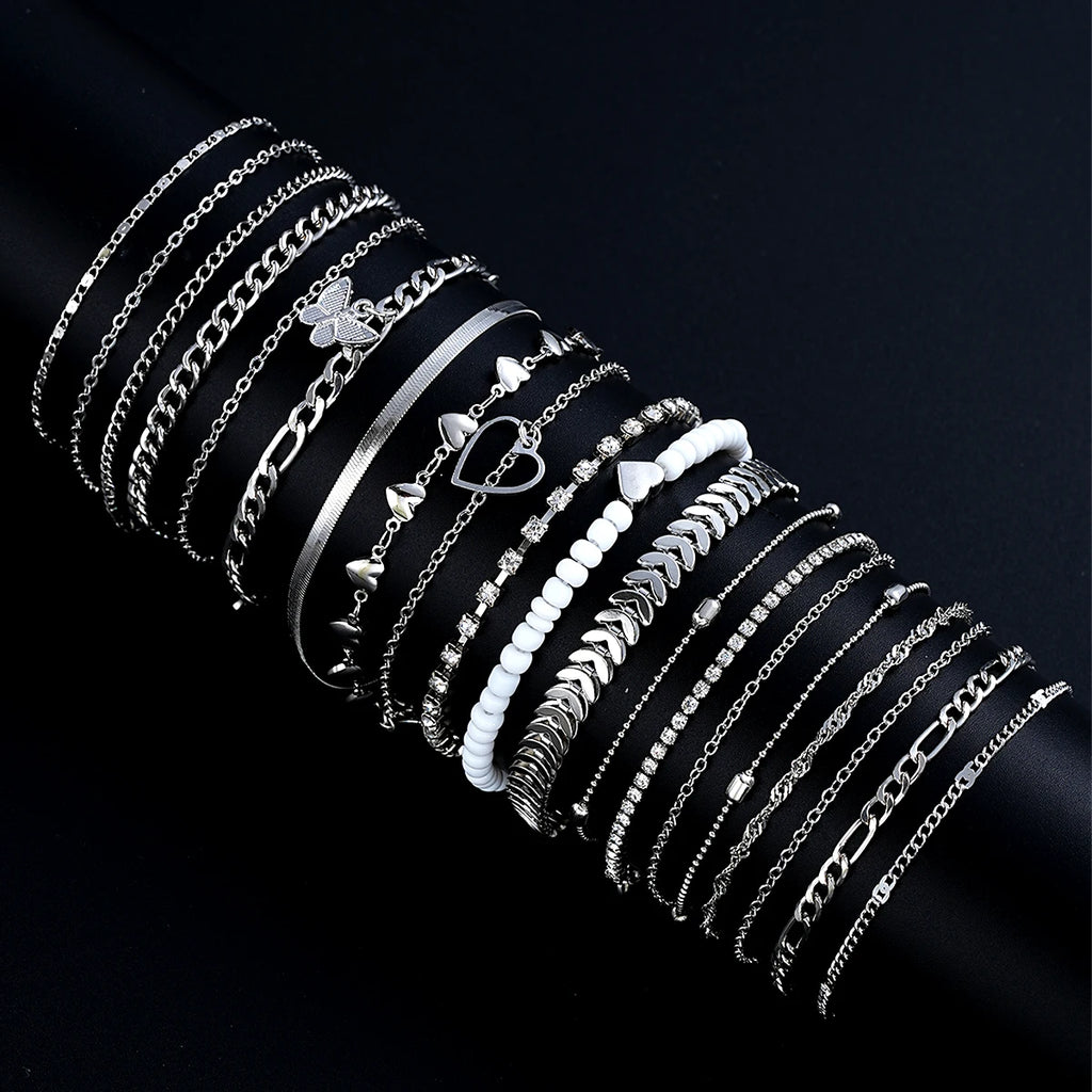 19Pcs/Set New Design Silver Color Anklet Sets for Women Fashion Pearl Butterfly Heart Crystal Foot Chain Versatile Daily Jewelry