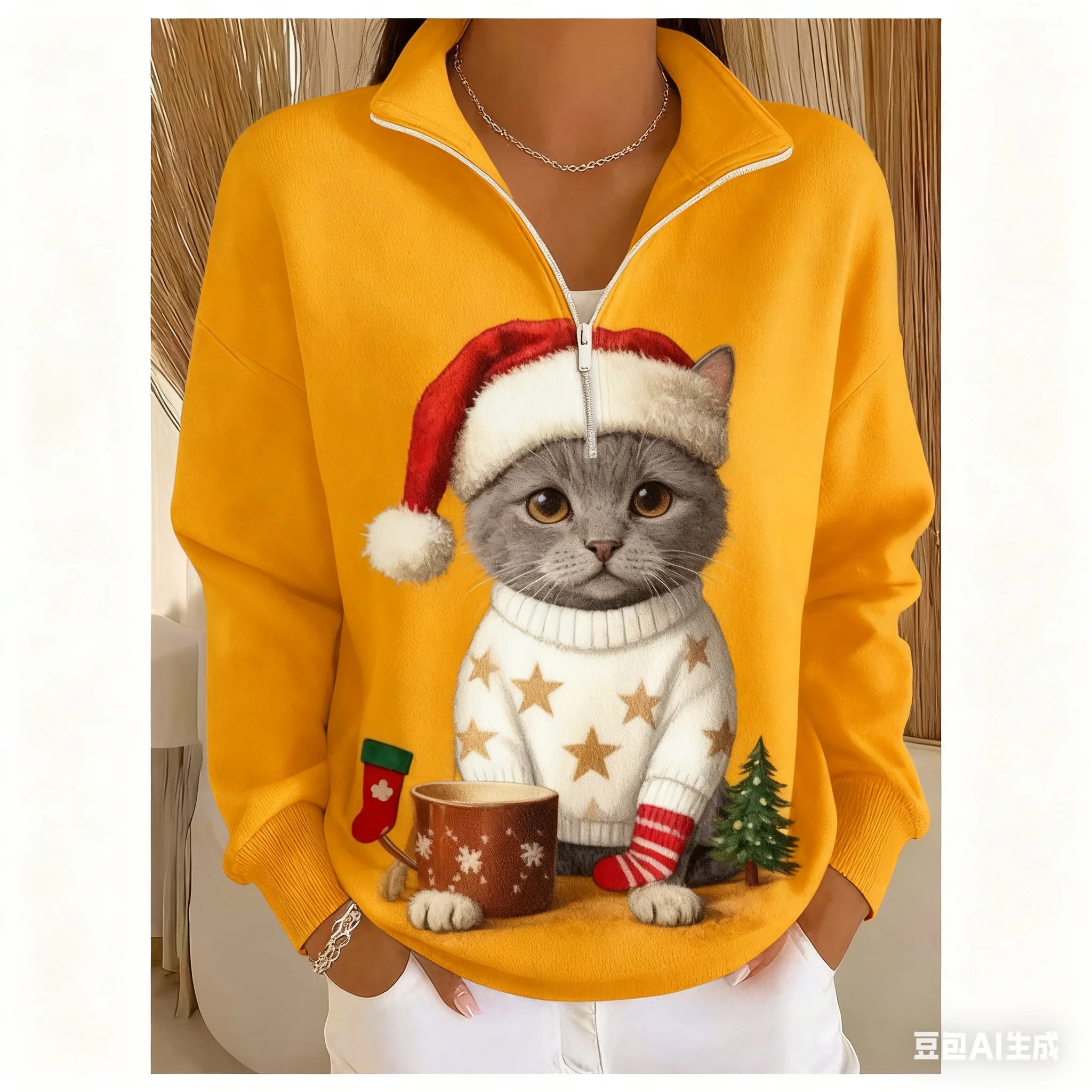 Christmas Women's Sweatshirt pet pattern printed Zipper pullover sweater autumn and winter Women's clothing polyester sweatshirt