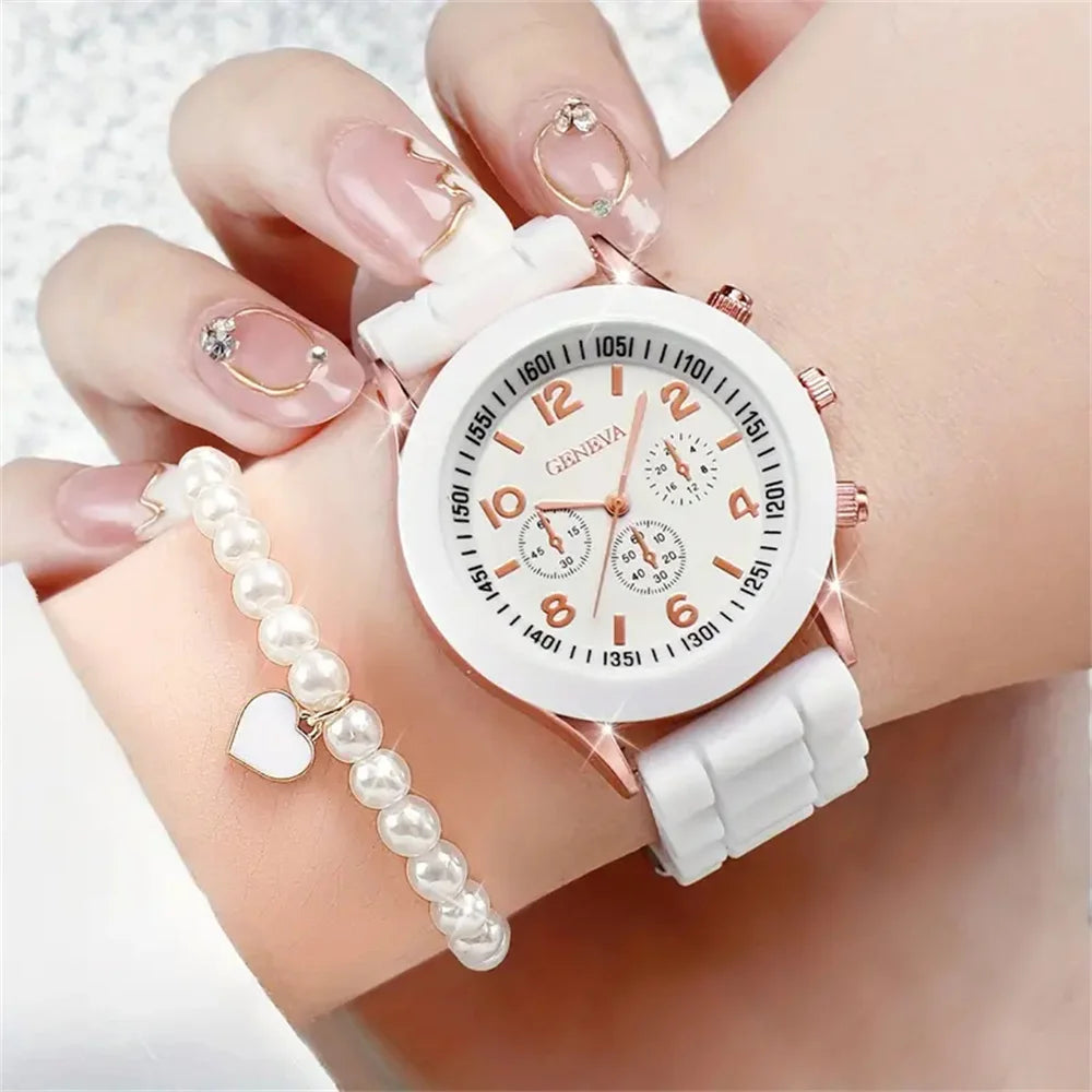 6PCS/Set Women's Watches Casual Silicone Band Analog Quartz Watch Heart Pearls Jewelry Set(Without Box)