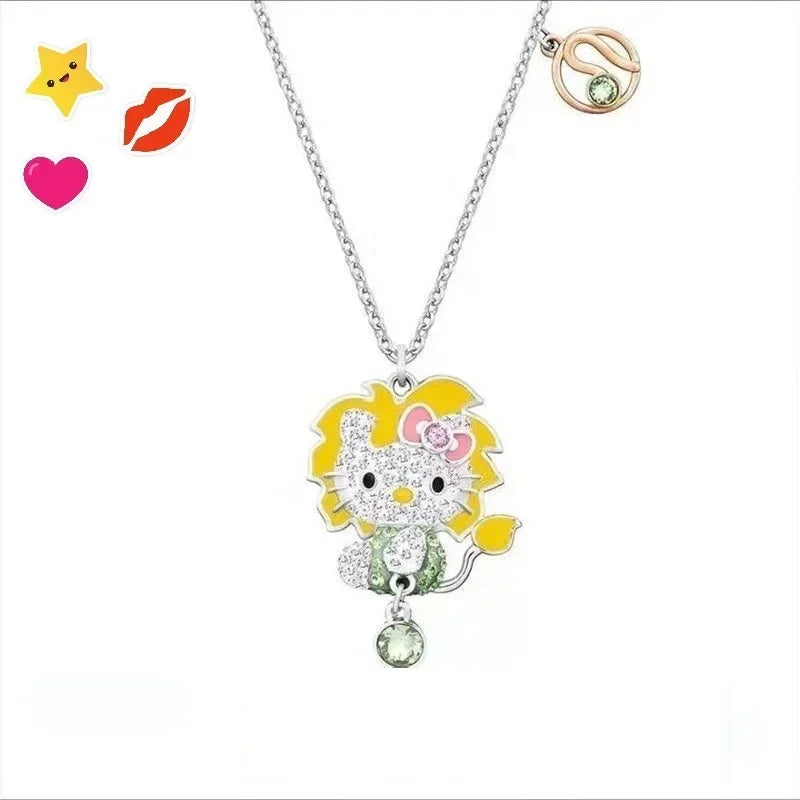 Sanrio Hello Kitty Necklace Anime Character Pink Peach Heart Crystal Cat Push-Pull Bracelet Pendant Couple Decoration Girl Gift