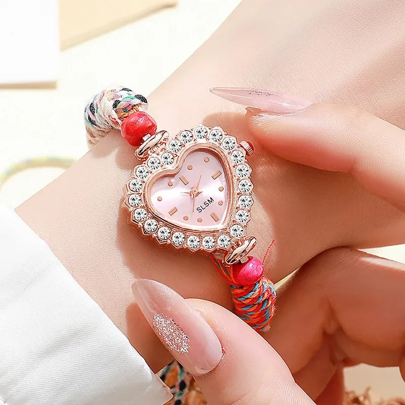 Fashion Braided Rope Strap Women Wristwatch Luxury Rhinestone Heart Dial Ladies Quartz Watches Reloj Mujer