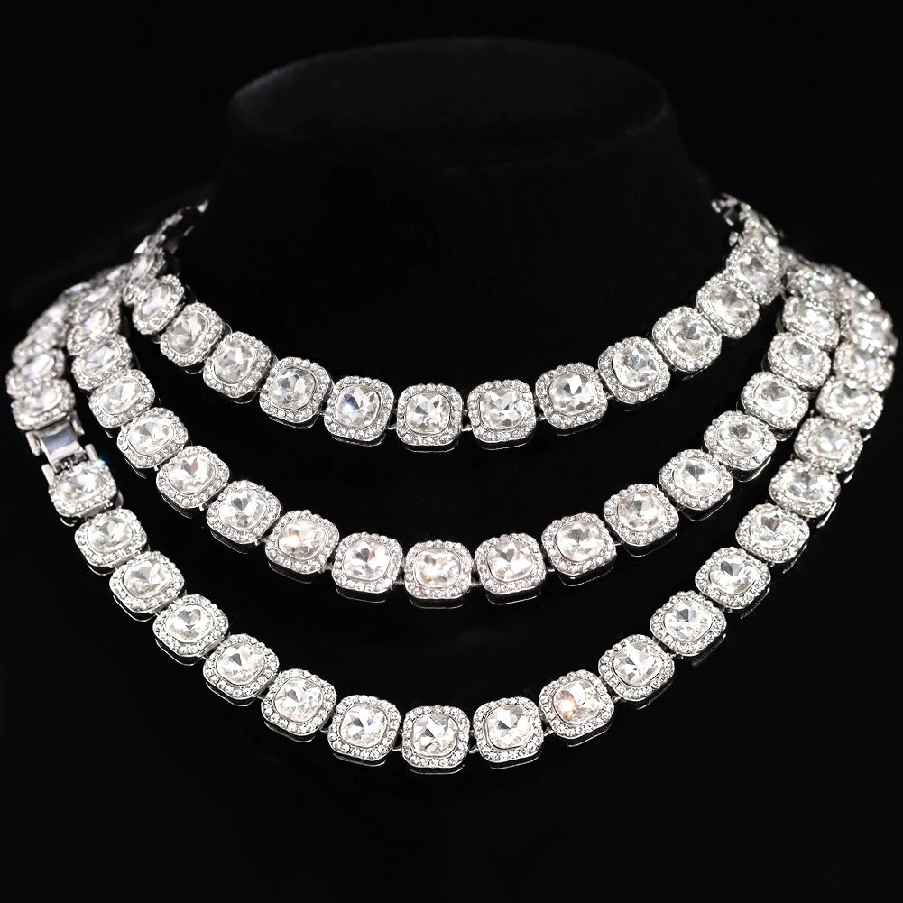 Iced Out Diamond Cuban Link Chain Necklace Men Women Rhinestone Paved Hip Hop Rhombus Cuban Necklaces Tennis Chain Jewelry Gift