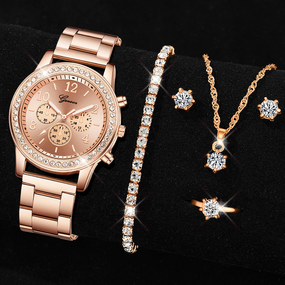 5 PCS Set Gold Watch Women Luxury Ring Necklace Earrings Rhinestone Fashion Wristwatch Female Casual Watches Bracelet Set