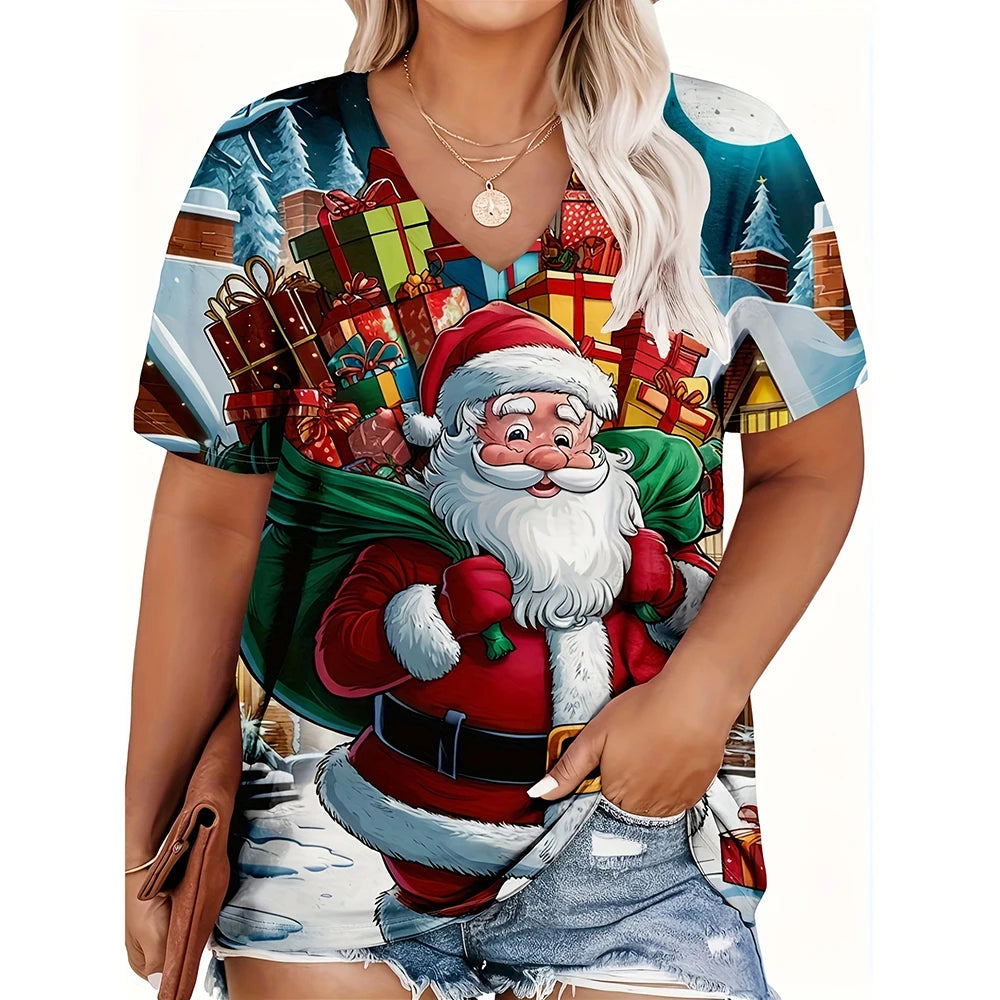 Christmas womens cartoon Santa Claus printed tops Christmas T-shirt short sleeved V-neck casual party outfit oversized women top