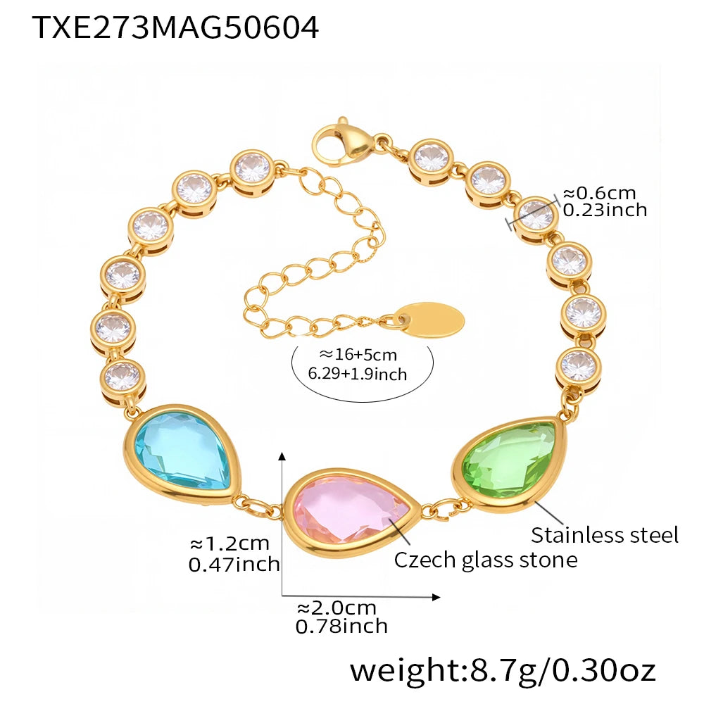 Colorful Waterdrop Stainless Steel Necklace for Women Luxury Czech Glass Gold Plated Cuff Open Bangle Charm Jewelry