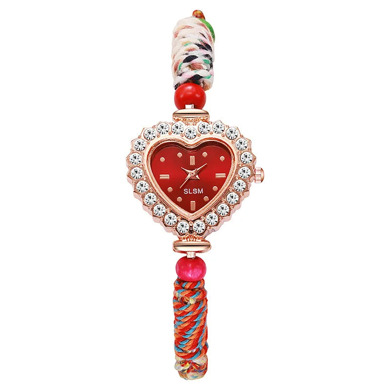 Fashion Braided Rope Strap Women Wristwatch Luxury Rhinestone Heart Dial Ladies Quartz Watches Reloj Mujer