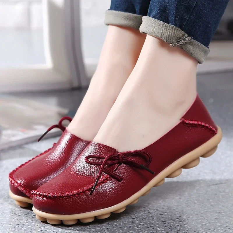 Moccasins Women Flats  Autumn New Woman Loafers Genuine Leather Female Shoes Slip on Ballet Bowtie Women's Shoes Big Size