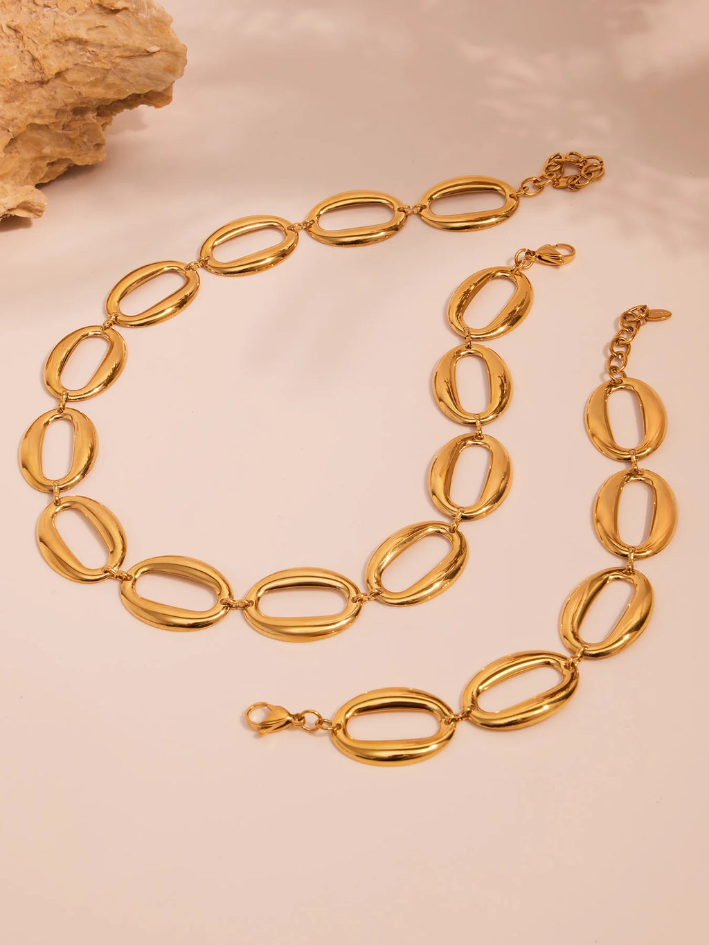Stainless Steel Gold-Plated Oval Chain Necklace Bracelet Women's Punk Gold Color Silver Luxury Choker Waterproof Jewelry Set