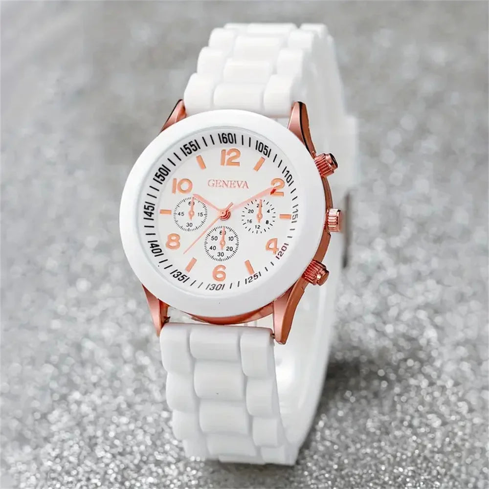 6PCS/Set Women's Watches Casual Silicone Band Analog Quartz Watch Heart Pearls Jewelry Set(Without Box)