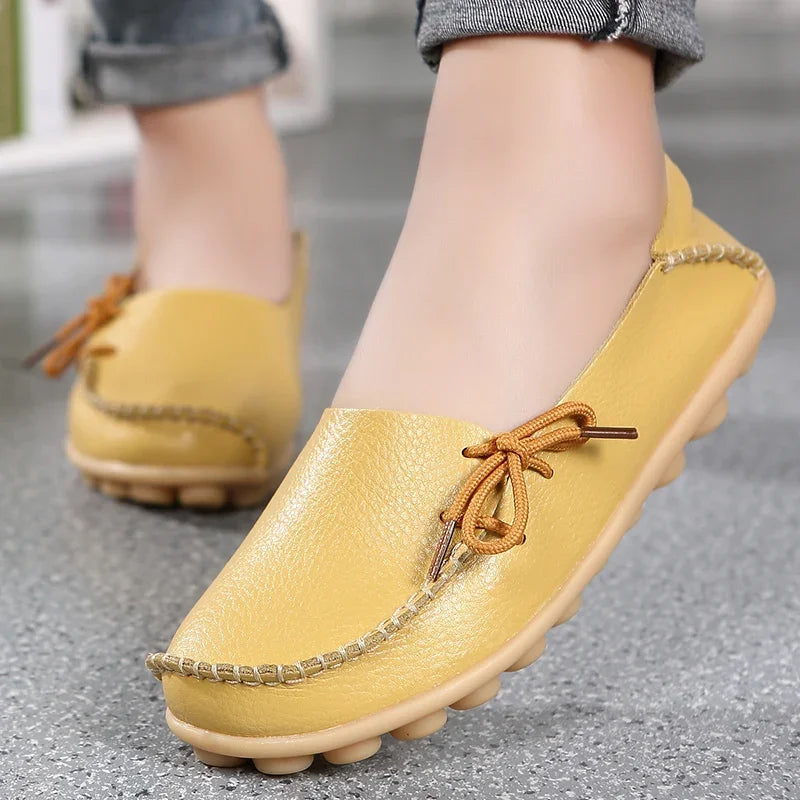 Moccasins Women Flats  Autumn New Woman Loafers Genuine Leather Female Shoes Slip on Ballet Bowtie Women's Shoes Big Size