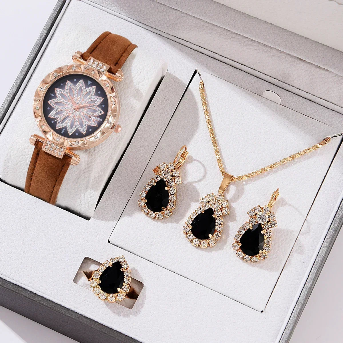5/6PCS Set Rose Gold Luxury Watch Women Ring Necklace Earring Rhinestone Fashion Wristwatch Casual Ladies Bracelet( No Box)