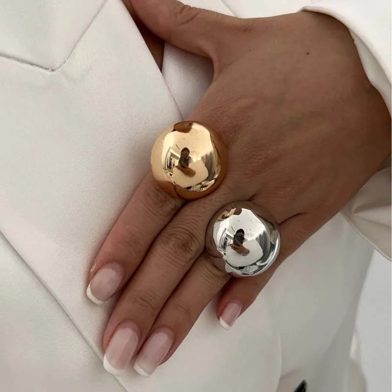 Exaggerated Metal Glossy Round Ball Shape Ring for Women Men Fashion Gold Silver Color Geometric Adjustable Rings Jewelry