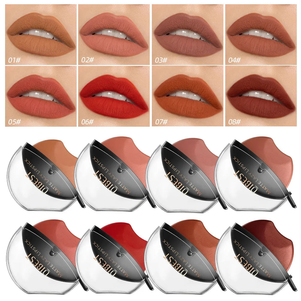 QIBEST Lip-shaped Lipstick Makeup Lazy Lipstick Velvet Matte Moisturizing Lip Gloss Waterproof Non-stick Cup Long Lasting Makeup