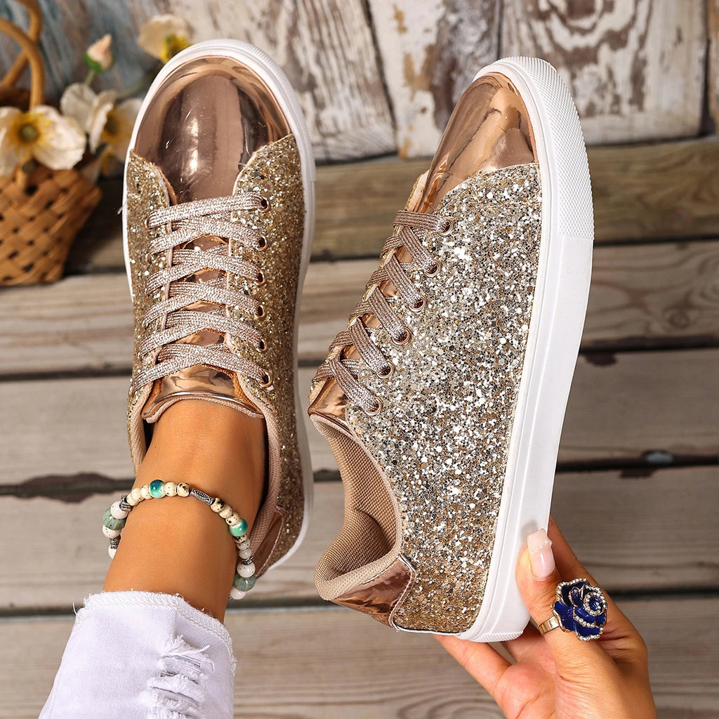 Women Sneakers Bling Golden Shoes Casual Female Breathable Sneakers Lace Up Outdoor Sport Women Vulcanize Shoes Zapatos De Mujer