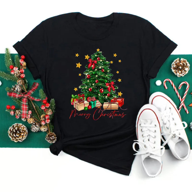 Funny Love Merry Christmas women's Clothes Santa Print Female T-shirts Black red white Casual Women Tops Xmas Party women's Tops